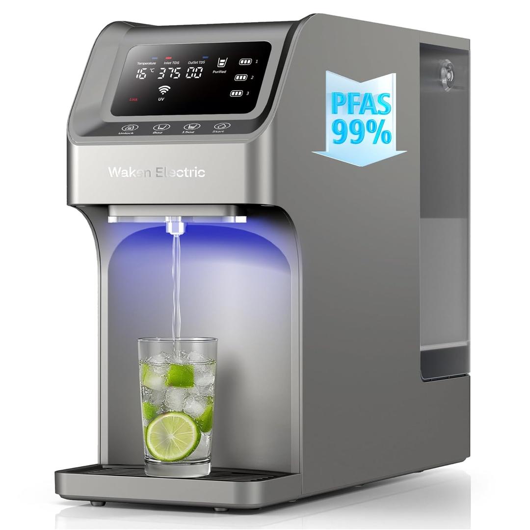 Waken Electric UV Countertop RO Water Filter, NSF/ANSI 58&61 Certified, 8 Stage Filter, TDS Monitor, 4:1 Drain, No Install, PFAS Free (Grey)