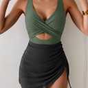 B2prity Women Mesh One Piece Swimdress Swimsuit Tummy Control V Neck Cutout Bathing Suit Wrap Drawstring Sarong Swimwear (XL)