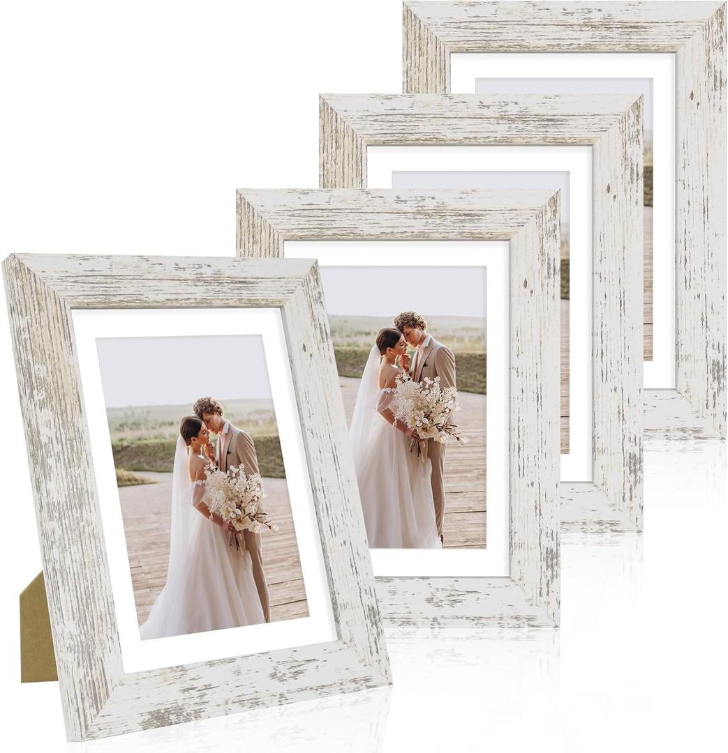 Hongkee 5x7 Picture Frame Set of 4, Made of Real Glass and Distressed White Wooden Frame, 5 by 7 Photo for Wall or Tabletop - Display Picture 4x6 with Mat or 5x7 Without Mat