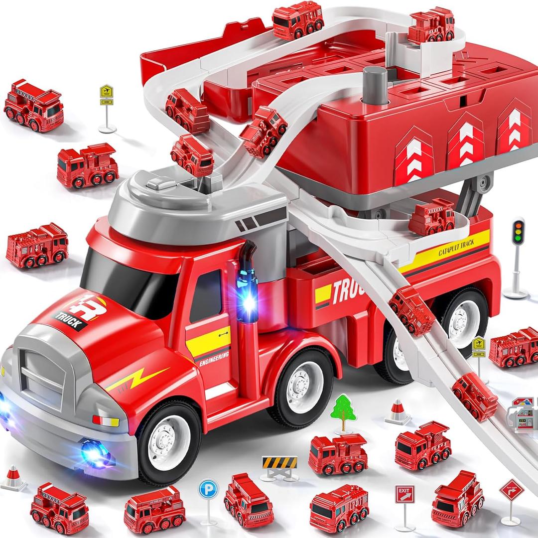 2 in 1 Fire Trucks for Toddlers 3-5, Carrier Vehicles Toy with 8 Cars, Transport Race Tracks with Light and Sound, Educational Birthday Gifts for Kids Boys Girls Ages 3 4 5 6