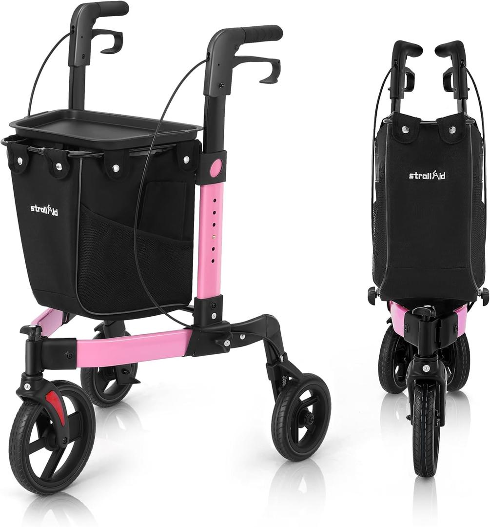 3 Wheel Walkers for Seniors, Foldable Rollator Walker with Tray & Large Storage Bag, 10" Big Wheel for All Terrain, 350 lb Weight Capacity, Pink