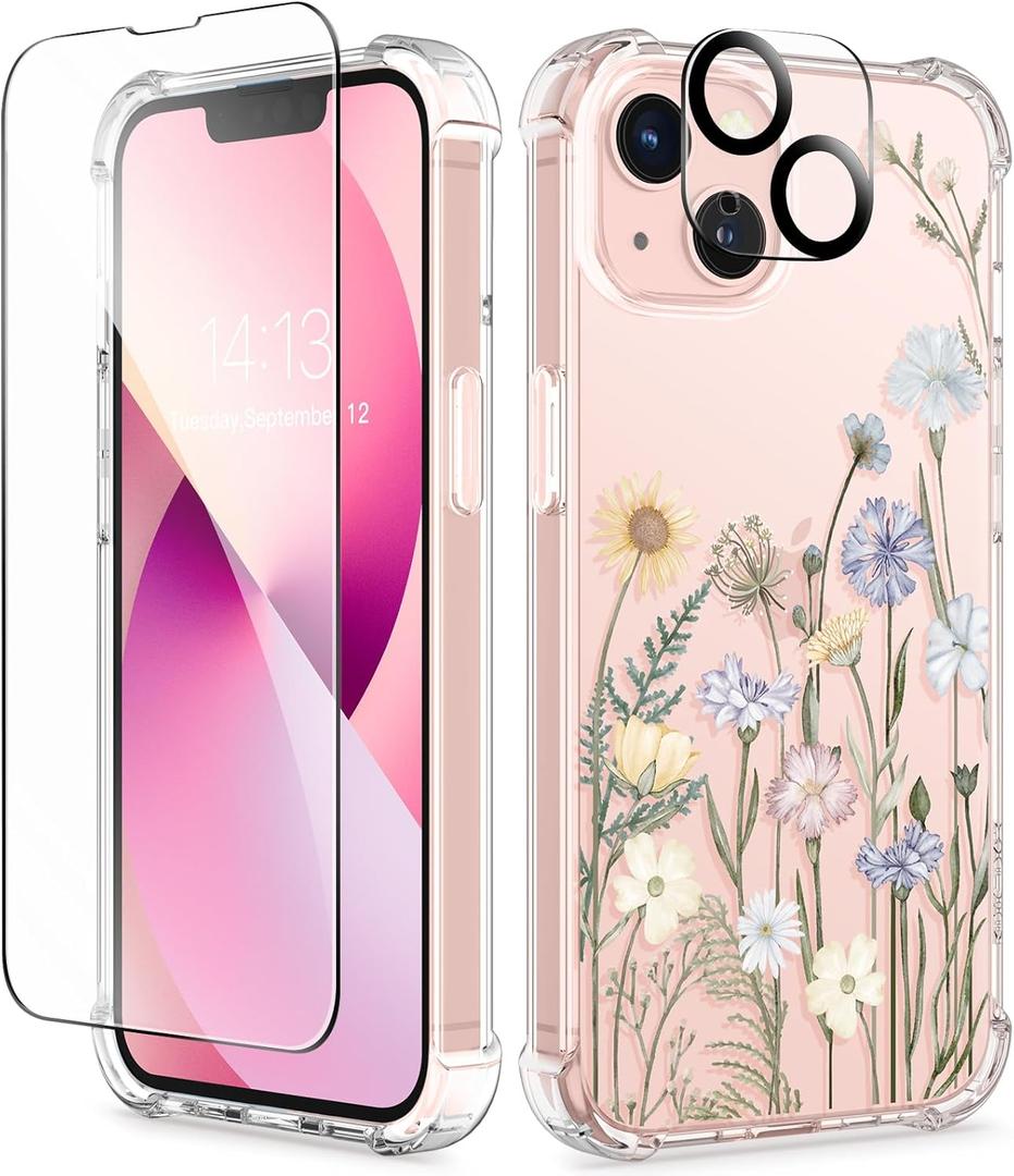 GVIEWIN for iPhone 13 Case Floral, with Screen Protector&Camera Lens Protector,[Non Yellowing] Soft Shockproof Clear Phone Protective Cover for Women, Flower Pattern Design 6.1"(Vibrant Spring)