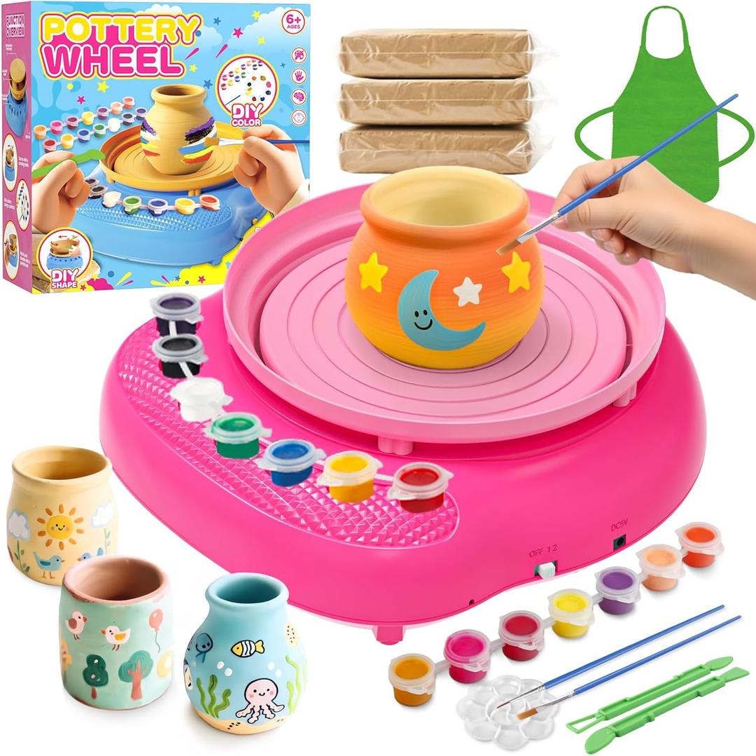 Weilim Pottery Wheel for Kids Complete DIY Pottery Painting Kit for Ages 8-12 Beginners with 4 Air-Dry Clay Packs and Tools, Arts Supplies Toys Birthday Gift for Boys Girls 6+ Years Old (Pink)