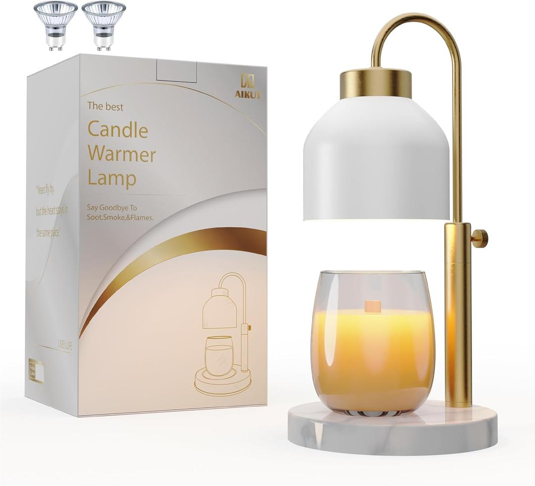 Candle Warmer Lamp, with 2 Bulbs,Timer & Dimmer,Compatible with Large Yankee Candle Jars,3 Wick Candles,Height Adjustable Electric Top Melter,110-120v, (White Marble)