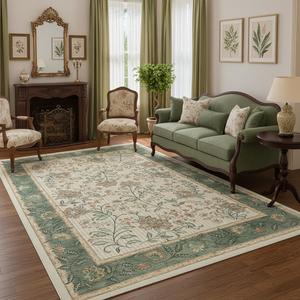 GarveeHome 5x7 Area Rug Sage Green Washable Rugs for Living Room Bedroom, Soft Low Pile Non Slip French Country Floor Mat Botanical Floral Print Throw Rug Indoor Carpet Dining Room Playroom