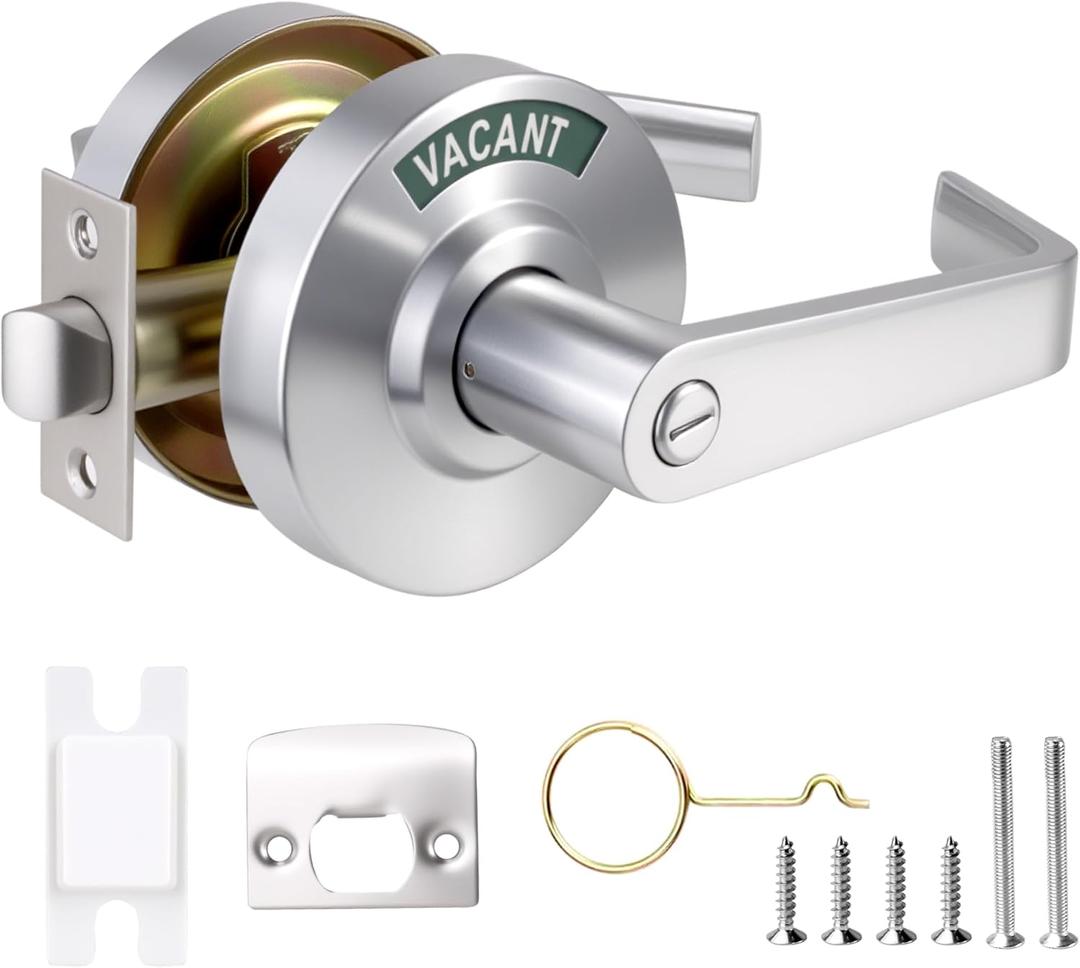 QonicFly Commercial Door Handle with Lock - Vacant Occupied Bathroom Lock | ANSI Grade 2 Stainless Steel | Quick Install | Reversible Handles for Public Bathrooms/Industrial/Office/Hospital (Silver)