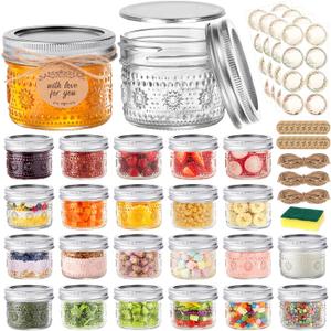 4 oz Mason Jars with Embossed Pattern 24 Pack | Small Canning Jars with Airtight Lids | Mini Glass jars for Jams, Jelly, Honey, Spices, DIY Candles, Wedding Favors and Gift Packaging