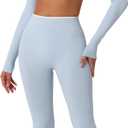 2 Piece Workout Sets for Women Contrast Panel Long Sleeve Halter Crop Top and High Waist Leggings Jogger Outfits (Medium, Blue)