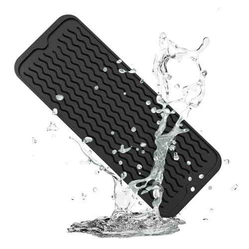 ZLR Small Dish Drying Mat (6" x 17" / 153 x 433mm) - Narrow Silicone Drainer for Kitchen Counter, Apartment & RV - Compact Sponge Holder & Sink Caddy Tray, Non-Slip Food-Grade Silicone (Black)