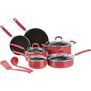 Amazon Basics Aluminum Non-Stick Cookware Set, Oven Safe, Dishwasher Safe, Stay-Cool Handles, 12-Piece, Red