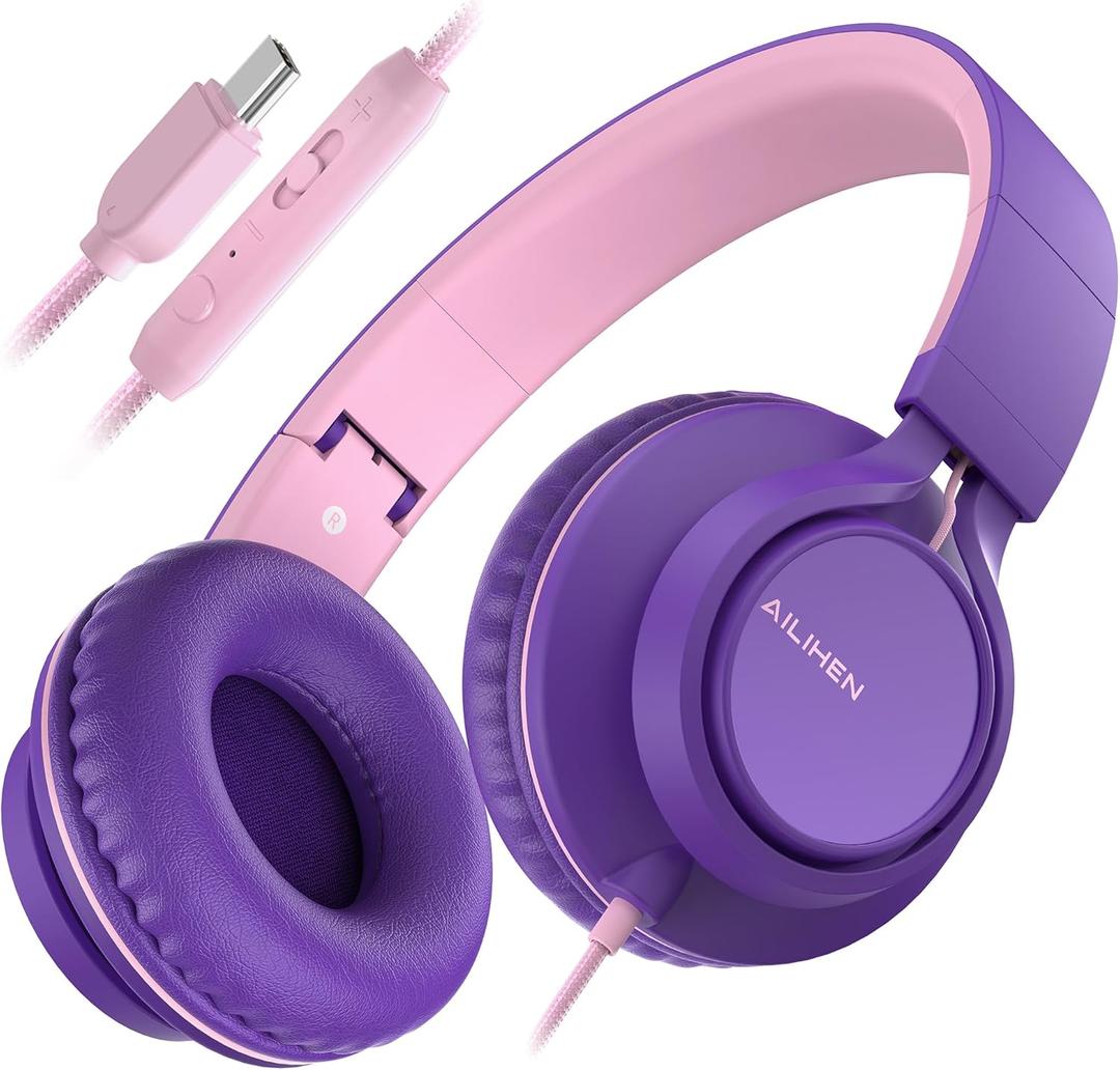 AILIHEN C8 USB-C Headphones Wired - On-Ear Corded Headset with Microphone & Volume Control, Foldable Stereo Sound Tangle-Free Type C Cord, Compatible with Cellphone, Laptop, PC, Computer (Purple Pink)