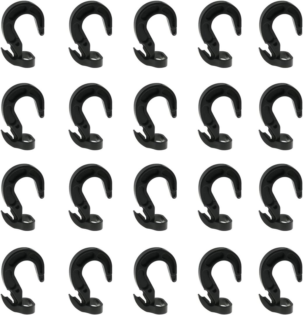 20PCS Black Plastic Adjustable Hooks Elastic Rope Binding Rope Hook Bungee Rope Hook Fit 1/4 Inch 5/16 Inch 3/8 Inch Shock Cord and Camping Rope