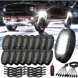 16 Pods Alloy Pure White LED Rock Lights for Trucks Trailer Offroad Pickup Boats Fender, IP68 Waterproof Shockproof 6500K 24LEDs Super Bright Aluminum White Underglow Kit with Switch Wiring Harness