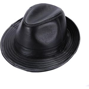 Sheepskin Leather hat Classic Cowboy Fedora Hat (Medium, Black)