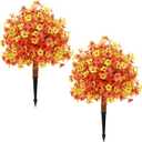 Set of 2 Fall Artificial Boxwood Topiary Trees Fake Mums Fall Flowers Shrubs Bushes Plants with Ground Spike Faux Fall Artificial Tree with Autumn Elements Artificial Flower Topiary for Indoor Outdoor