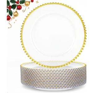 supernal 12pcs Clear Charger Plates Plastic Gold Chargers With Beaded Rimmed 13Inch Set of 12 Premium Plastic Dinnerware for Dinner Plates Suitable For Wedding,Christmas Party,Birthday,Mother's Day