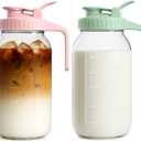 2 Pack - 64oz Glass Breast Milk Pitcher with Lid & Spout, Leakproof Mason Jar Breastmilk Pitcher - Wide Mouth, Airtight 2 Quart Water Jug for Milk Storage, Breastmilk, Sun Tea, Iced Coffee, Juice (Green & Pink)
