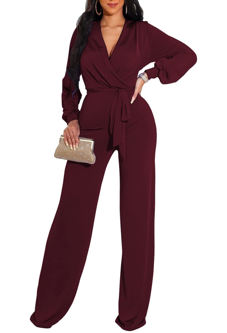 Formal Jumpsuits for Women Dressy Evening Sexy Deep V Neck Plus Size Long Wide Leg Pants Rompers Clubwear, Large