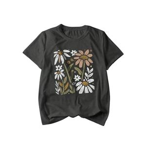 SweatyRocks Women's Floral Print Graphic T Shirts Crewneck Short Sleeve Summer Tee Tops Dark Grey Large