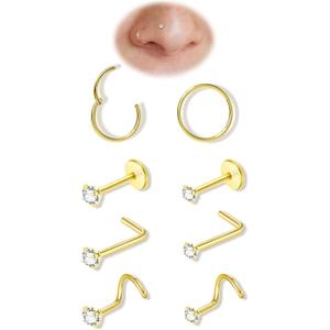 8PCS Titanium Nose Rings Stud, Gold Nose Ring for Women Men Hypoallergenic Nostril Hoops L Shape Nose Studs Corkscrew CZ Nose Piercing Jewelry Silver 18G & 20G Nose Ring Studs 2/2.5/3mm