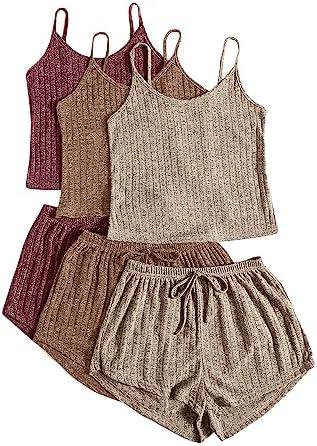GORGLITTER Women's 3 Sets Ribbed Pajamas Set Sleeveless Crop Top and Tie Front Shorts Lounge Set Sleepwear Loungewear L