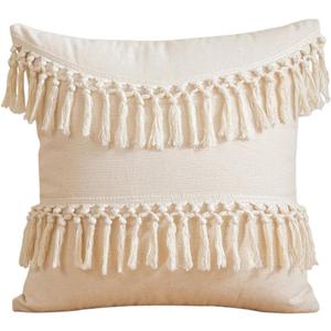 Boho Decorative Throw Pillow Cover 18x18 Inch Cozy Bohemian Macrame Cushion Cover Square White Cotton Pillow Case with Tassels for Couch Sofa Bed Bench Car Farmhouse Home Decor