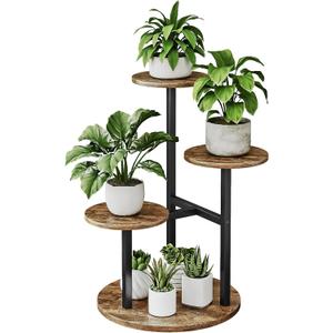Plant Stand Indoor 4 Tier 5 Potted Multiple Flower Pot Holder for Patio Garden Balcony Living Room Corner (4 Tier Black+Rustic Brown)