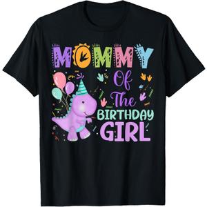 Mommy Of The Birthday Girl Dinosaur Saurus Rex Party T-Shirt, Black, Small