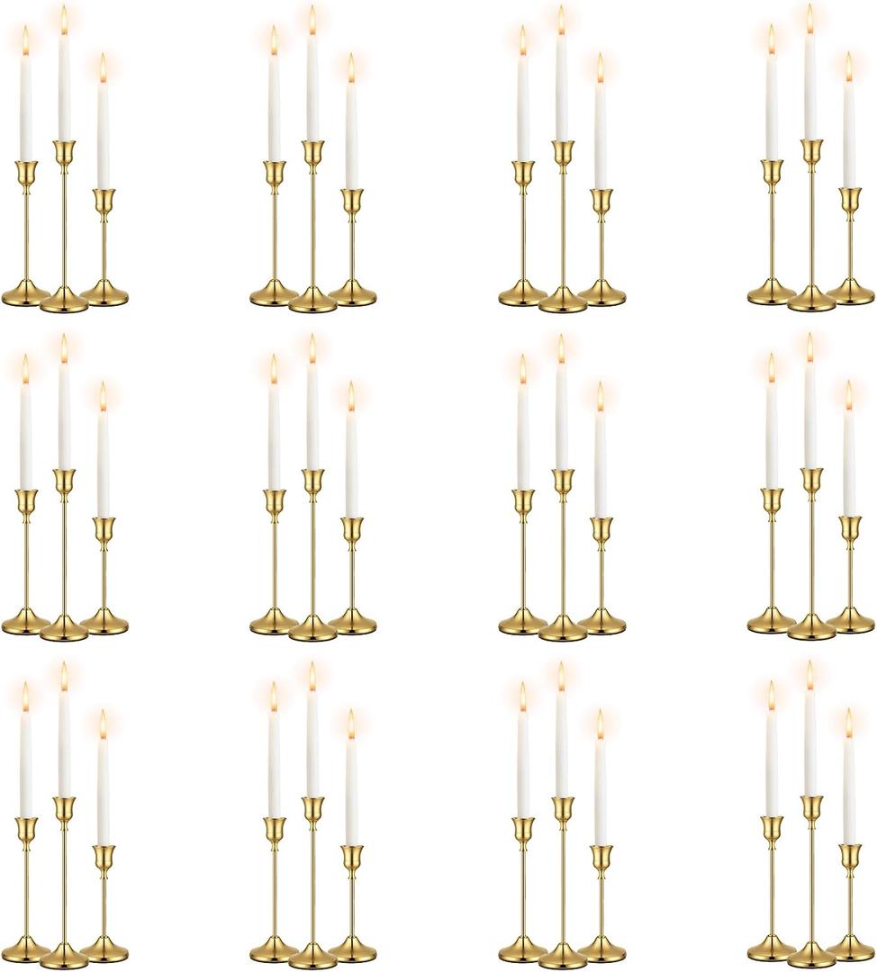 36Pack 12 Sets Brass Gold Metal Taper Candle Holders Candlestick Holders - Candle Holder for Halloween Decorations erfect for Table Centerpiece Mantel Party Wedding Christmas Home Decor (36)