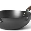 Martha Stewart Chisholm 13.5-Inch Carbon Steel Nonstick Wok, PFAS-Free Wok Pan & Flat Bottom Stir Fry Pan with Long Walnut Wood Handle & Helper Handle, Black
