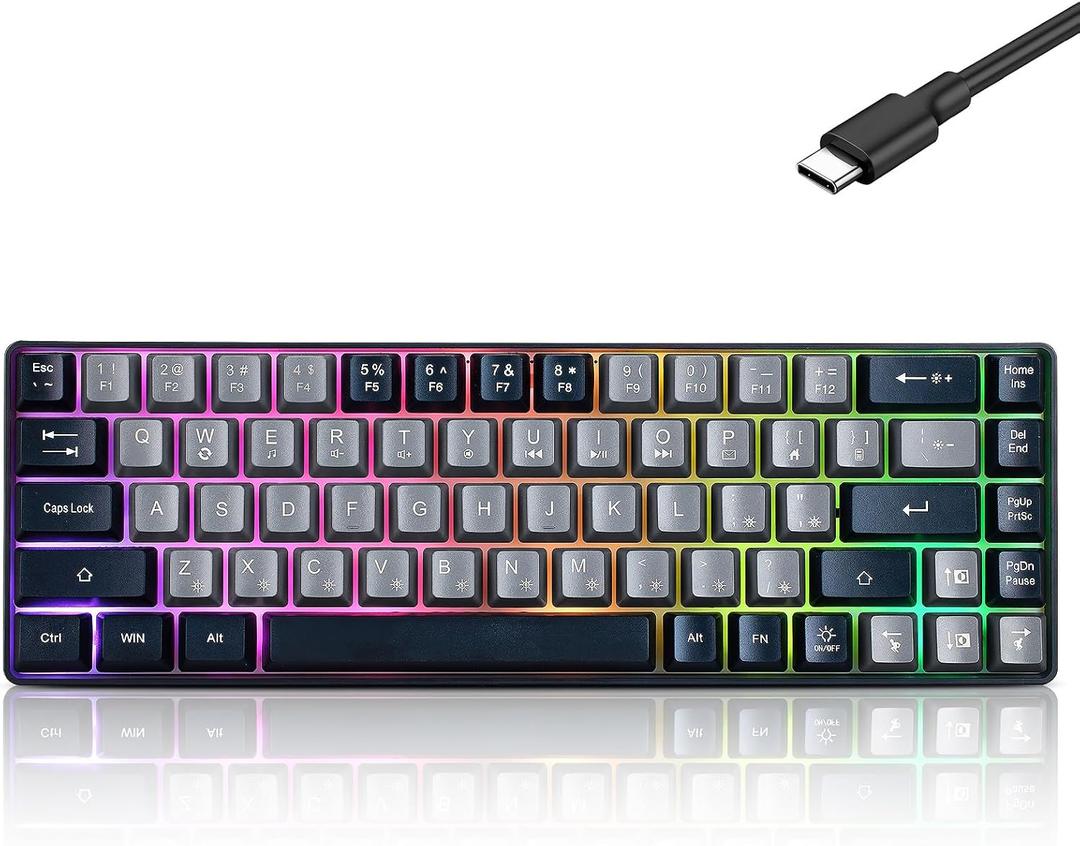 Wired Portable 60% Mechanical Feeling Gaming Keyboard,RGB LED Backlit Compact 68 Keys Mini Wired Office Keyboard for Windows Laptop PC Mac Gamer, Typist, Travel on Business Trip -Grey and Black