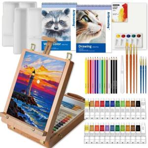 Mixed Media Art Set,55 Pack Painting Supplies Kit with Tabletop Sketch Box Easel and Various Accessories,Complete Painting Set for Students Artists Beginners