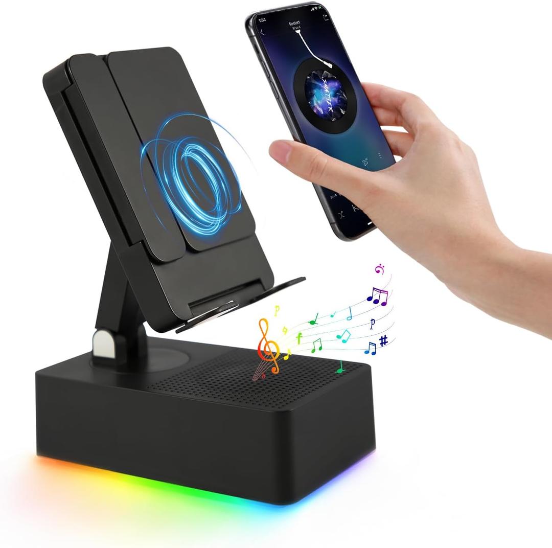 TuneEIf Wireless Induction Bluetooth Speaker, 5-in-1 Foldable Phone Holder, 1500mAh Emergency Charging, Colorful LED Ambient Light, Tech Gadgets Gifts for Men Women, for iPhone Android Tablet, Black