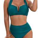 Blooming Jelly Womens High Waisted Bikini Sets Tummy Control Bathing Suit Two Piece Retro Halter Swim Suits 2025 (Small, Dark Cyan)