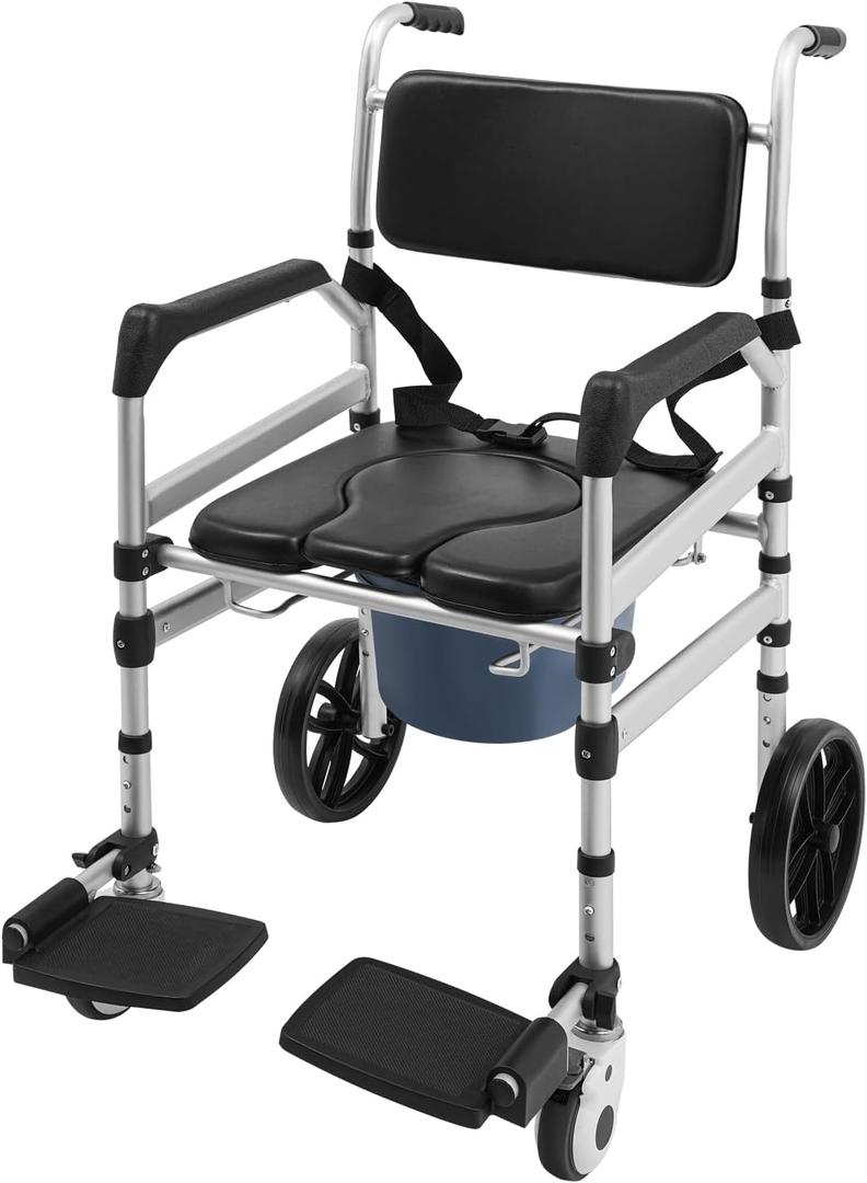 Enlarged Rolling Shower Chair, Rolling Shower Chair with Wheels for Elderly and Disabled, Foldable & Adjustable Height Sturdy Rolling Showering Chairs Capacity of 300lbs Sofa Cushion - U-Shaped Plate
