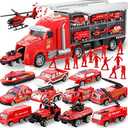 JOYIN 23 in 1 Fire Truck Vehicle Toy Set with Sounds and Lights, Fire Engine Vehicles in Carrier Truck, Mini Rescue Emergency Car Toy, Christmas Birthday Gifts for Over 3 Years Old Boys
