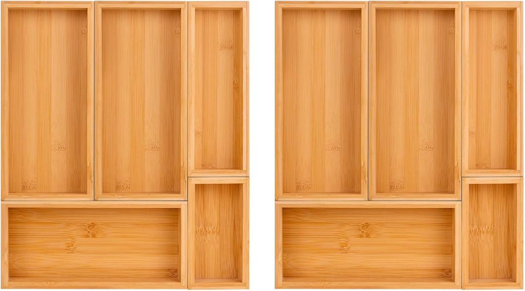 bamboo drawer organizer Setexpandable drawer dividers,wooden storage organizers,large trays for kitchen, bathroom,flatware,Tea Bag Organizer (2 X 5PCS Natural)