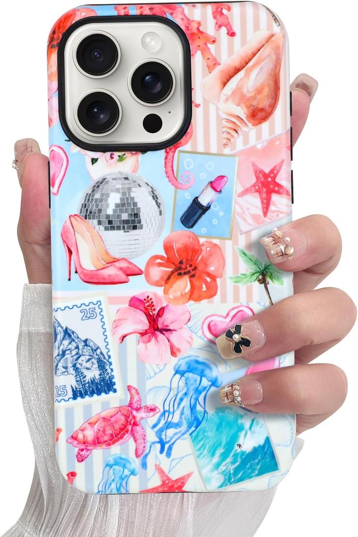 SOKAD Magnetic Summer Collage Phone Case for iPhone 15 Pro Max, Cute Beach Coastal Collage Pattern Compatible with Magsafe Matte Protective Case Cover with Screen Protector for Girls Women