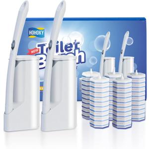Disposable Toilet Brush Cleaning System, Two Sets of Wands and 50p Refills Pads Replacement Heads, Wall Mounted Toliet Stick Wand Starter Kit Bathroom Maintenance, Toilet Bowl Cleaner Holder
