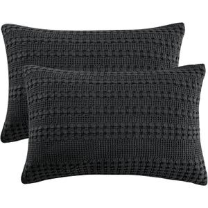 PHF 100% Cotton Waffle Pillow Shams King Size, 2 Pack 20" x 36" Soft Skin-Friendly Pillowcases, No Filling, Aesthetic Woven and Breathable Waffle Weave Pillow Case Covers for Bed, Black (36" x 20" (Pack of 2))