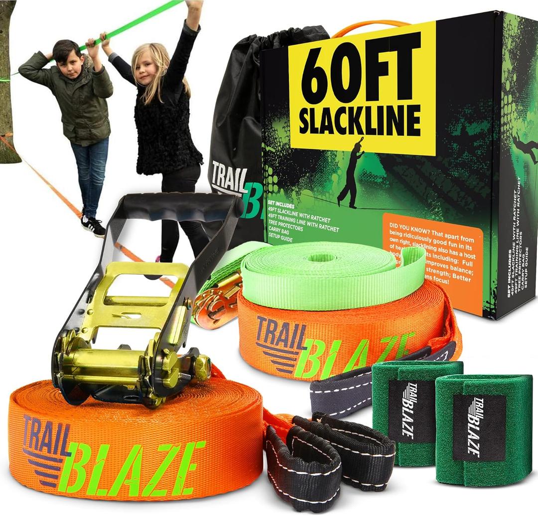 Trailblaze Slackline Kit with Tree Protectors | Backyard Slacklines for Kids and Adults | Beginner's Tight Rope Line Set | Double Slack Lines 60ft