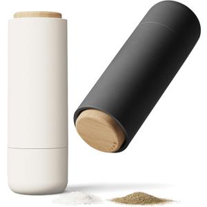 Non-Spill Salt and Pepper Grinder Set - Adjustable Ceramic Grinder - Minimalistic Spice Mill - Easy to Refill Condiments Dispenser - Wood & Soft-Coated Plastic - 6.2 x 2.2 inch (White & Grey)