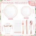 GATHER 350PCS Rose Gold Plastic Plates - Disposable Rose Gold Dinnerware Includes 100 Clear Rose Golds Rimmed Plastic Plates, 150 Silverware, 50 Napkins, 50 Cups for Party, Wedding, Mother's Day