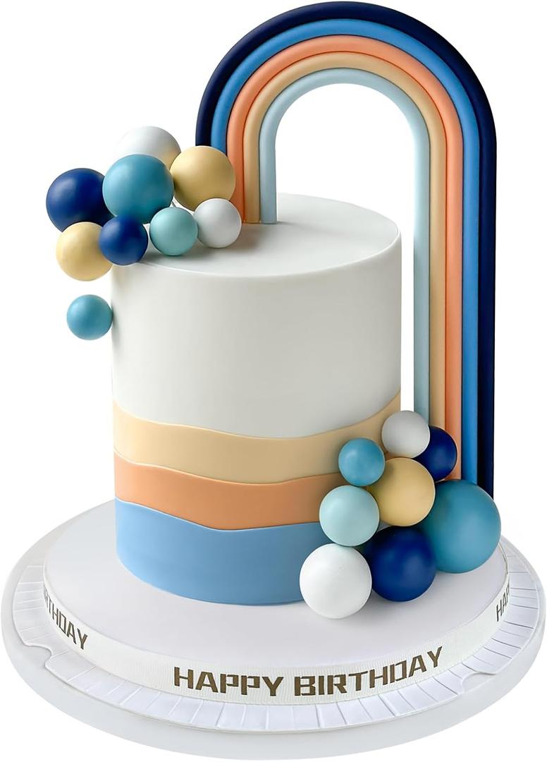 Rainbow Cake Topper with Colorful Balls Cake Decorations for Rainbow Theme Baby Shower Girls Boys Birthday Wedding Party Decorations (Blue)