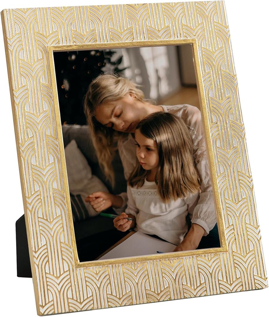 Kimdio 8x10 Picture Frames Resin Table Frame Rustic Photo Frame with High Definition Glass for Wall or Tabletop Display - Gold+White