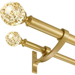 Gold Double Curtain Rod 140 to 164 Inch,Double Decorative Crystal Drapery Rods with Solid Aluminum Bracket Acrylic Sheer Bling Foil Finials,1" Front and 5/8" Back Heavy Duty Curtain Rods for Windows