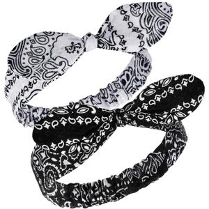 Hicarer 2 Pieces Bandana Headband for Women, Knot Retro Print Bandana Paisley Print Headband Adjustable Headwrap (White, Black)