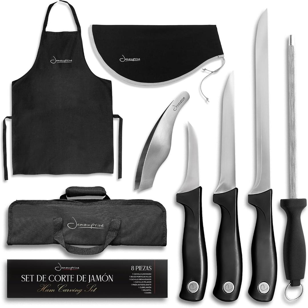 Iberico Ham Set with Ham Carving Knife, Boning Knife, Paring Knife, Knife Steel, Apron, Cover and Jamon Serrano Tongs - Slicing Knife for Meat Cutting - Chef Knife Set With Bag - Serrano Ham Knife, 36.5 cm