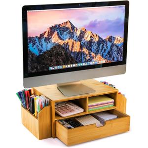 Hiceeden 2 Tier Bamboo Desktop Organizer, Desk Monitor Stand Riser with 1 Drawer and 2 Pen Holder, 2 Compartment Computer Desk Storage Organizer for Laptop, Printer, iMac