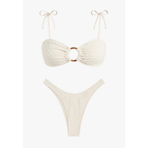 ZAFUL Women's Sexy Tie Spaghetti Strap Bikini Textured O Ring Ruched High Leg Swimsuit Cheeky Bathing Suits, S